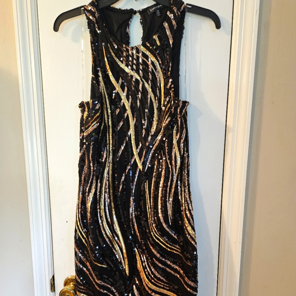 Curvey Sense Sleeveless Black and Gold Sequined club dress